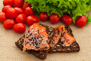 Cherry tomatoes, multigrain bread, salmon, and green salad on a canvas tablecloth.