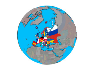 Europe with embedded national flags on blue political 3D globe. 3D illustration isolated on white background.