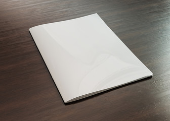 White magazine cover mockup on wood 3d rendering
