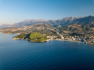 Fototapeta na wymiar Aerial view of Himara (Himare) Located along the Albanian Riviera, Albania. Beautiful Mediterranean seaside town