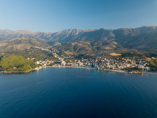 Aerial view of Himara and Himara beach in the Albanian Riviera (Albania)