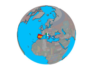 Southern Europe with embedded national flags on blue political 3D globe. 3D illustration isolated on white background.