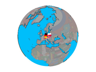 Obraz premium Central Europe with embedded national flags on blue political 3D globe. 3D illustration isolated on white background.