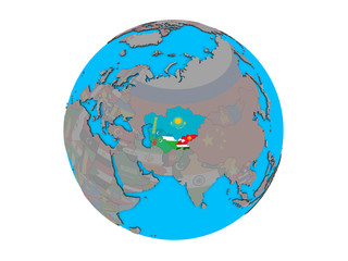 Central Asia with embedded national flags on blue political 3D globe. 3D illustration isolated on white background.