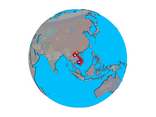 Indochina with embedded national flags on blue political 3D globe. 3D illustration isolated on white background.