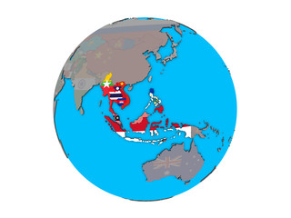 South East Asia with embedded national flags on blue political 3D globe. 3D illustration isolated on white background.