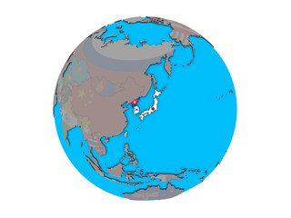 Japan and Korea with embedded national flags on blue political 3D globe. 3D illustration isolated on white background.