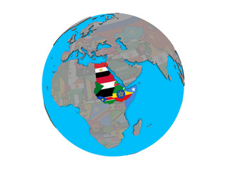 Northeast Africa with embedded national flags on blue political 3D globe. 3D illustration isolated on white background.