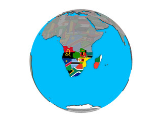 Southern Africa with embedded national flags on blue political 3D globe. 3D illustration isolated on white background.