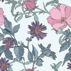 Seamless pattern with tea rose and wildflowers. Vintage background.
