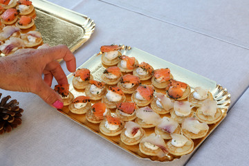 Plateaux de toasts au saumon. / Trays of salmon toast.