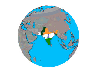 British India with embedded national flags on blue political 3D globe. 3D illustration isolated on white background.