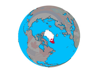 Greenland with embedded national flag on blue political 3D globe. 3D illustration isolated on white background.