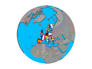 European Union with embedded national flags on blue political 3D globe. 3D illustration isolated on white background.