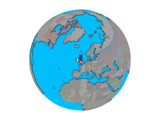 British Isles with embedded national flags on blue political 3D globe. 3D illustration isolated on white background.
