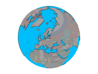 Baltic States with embedded national flags on blue political 3D globe. 3D illustration isolated on white background.