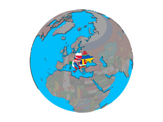 CEI countries with embedded national flags on blue political 3D globe. 3D illustration isolated on white background.