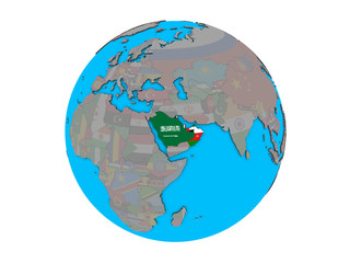 CCASG countries with embedded national flags on blue political 3D globe. 3D illustration isolated on white background.