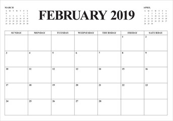 February 2019 desk calendar vector illustration