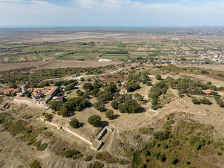 Fototapeta na wymiar Aerial view of Apollonia, Fier and beautiful rural landscape. Ancient city of Apollonia.