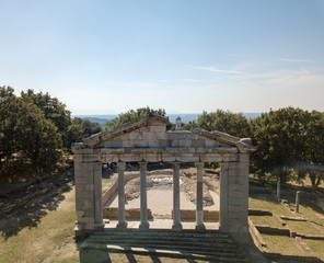 Aerial drone view of ruins at Apollonia located in Fier, Albania