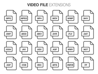 Flat style icon set. Video, movie, film file type, extencion. Document format.