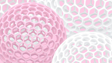 3d spheres with holes. Perforated balls background. Abstract wallpaper. Flying bubbles. Trendy modern illustration. 3d rendering. Cell. Pastel colors. Poster backdrop.