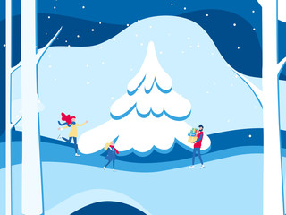 Fototapeta premium Winter landscape snowy street and winter holiday. Happy family skating in the winter. Merry Christmas and Happy New Year.