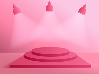 3D modern minimalist mockup. Podium for product presentation or showcase with spotlights on pink color background.