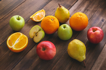 Fruit mixture on a wooden table. Healthy Eating