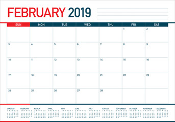 February 2019 desk calendar vector illustration