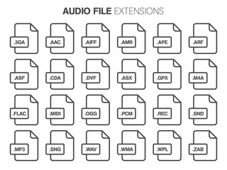 Flat style icon set. Audio, song, voice recording file type, extencion. Document format.