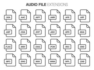 Flat style icon set. Audio, song, voice recording file type, extencion. Document format.