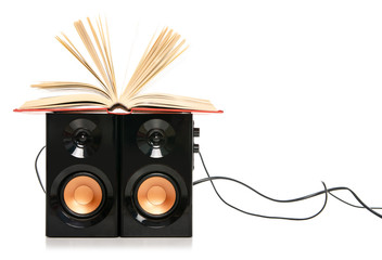 Books audio speakers audiobook on white background isolation