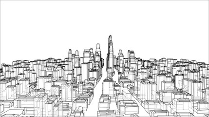 Wire-frame City, Blueprint Style. Vector