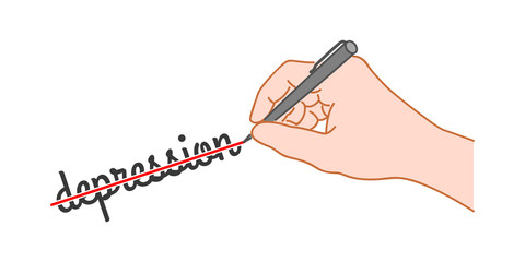 Hand with a pen crossed out the word "depression".