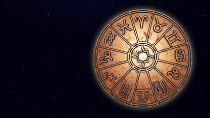 Astrological zodiac signs inside of copper horoscope circle