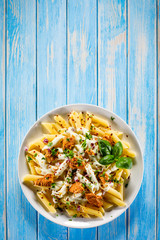 Pasta carbonara and vegetables