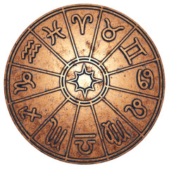 Astrological zodiac signs inside of copper horoscope circle