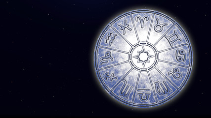 Astrological zodiac signs inside of silver horoscope circle
