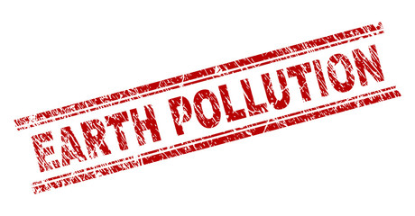 EARTH POLLUTION seal print with grunge texture. Red vector rubber print of EARTH POLLUTION label with scratched texture. Text title is placed between double parallel lines.