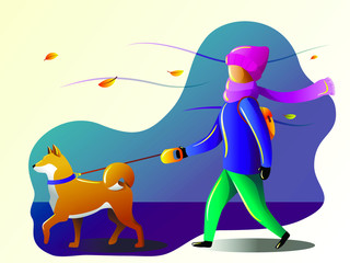 Cute girl walking with her dog