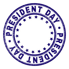 PRESIDENT DAY stamp seal watermark with distress texture. Designed with circles and stars. Blue vector rubber print of PRESIDENT DAY caption with unclean texture.