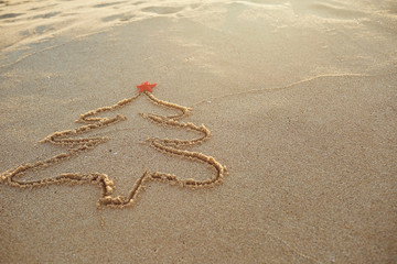 Painted Christmas tree in the sand on the beach.