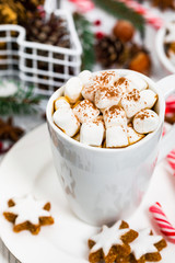 Christmas and New Year Background Breakfast with Croissants and Hot Cocoa with Marshmallows. Selective focus.