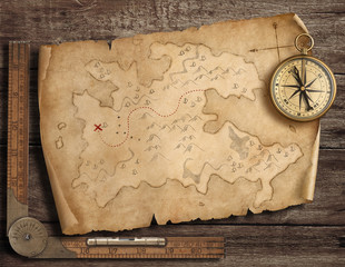 Old pirates' map with brass compass. Adventure and travel concept. 3d illustration.