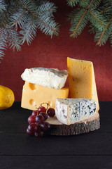 Different sorts of cheese on wooden background and Christmas tree branches. Swiss cheese, Dorblu, Camembert and Dutch cheese for Christmas. Dairy products, lemon and grapes on wooden boards