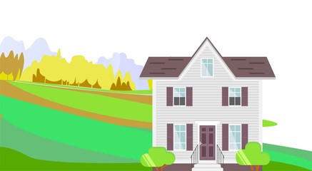 Naklejka premium Two Storey House. Flat Design Landscape. Vector Architecture Illustration.