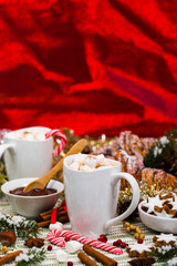 Christmas and New Year Background Breakfast with Croissants and Hot Cocoa with Marshmallows. Selective focus.