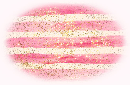 Golden Glitter On Abstract Pink Watercolor Stripes In Vintage Nostalgic Colors.